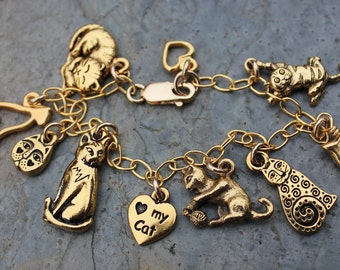 Love My Cat - Charm Bracelet - 22k gold plated pewter cat and heart charms on a gold filled chain -charms made in USA