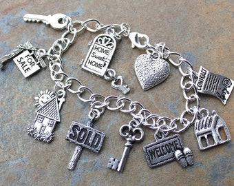 Real Estate Charm Bracelet - Pewter house, for sale, sold, key charms on chunky silver plated steel chain -gift for Realtor