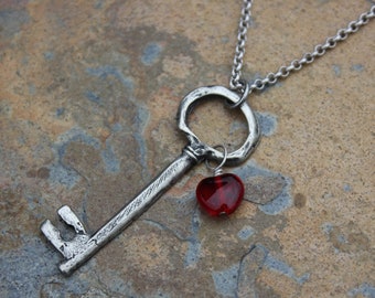 Rustic Antiqued Silver Key to My Heart Necklace - funky retro charms, on silver plated rolo chain - long or short necklace