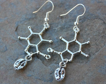 Caffeine molecule and coffee bean earrings - pewter charms, hypoallergenic silver plated surgical steel earwires - caffeinated fun