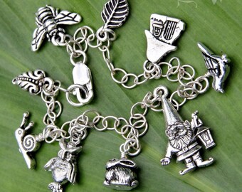 Gnome and woodland friends charm bracelet - sterling silver chain & silver plated charms- rabbit, bee, snail, leaf, mushroom house charms
