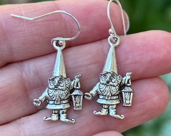 Gnome Twins Earrings - silver plated charms-  sterling silver earwires - fantasy fairy tale fun
