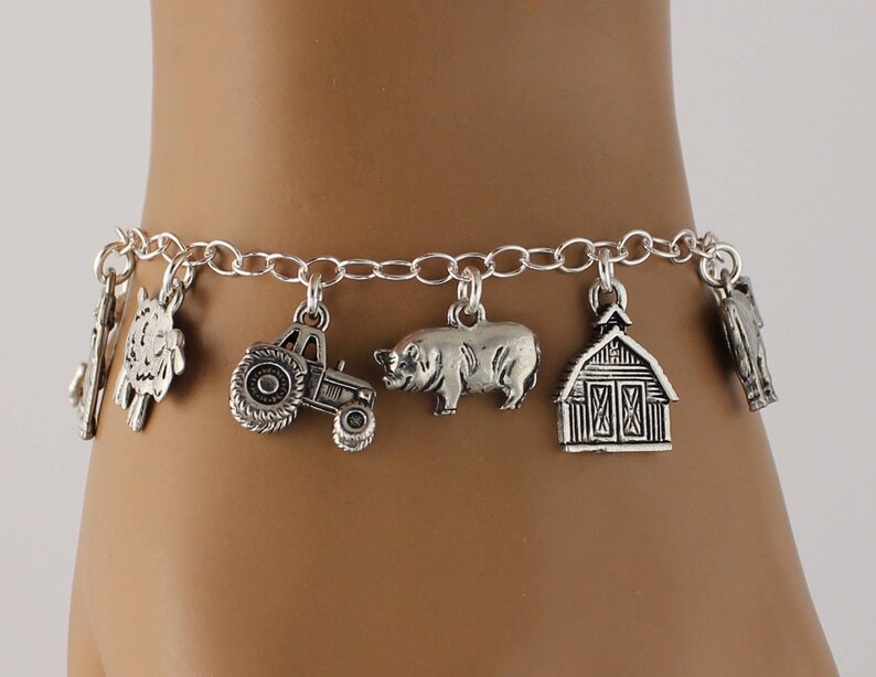 Farm Charm Bracelet Pewter Farmyard Charms Sterling Silver Etsy