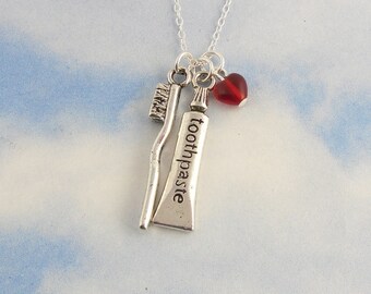 Brush your teeth necklace- non tarnish Toothbrush & toothpaste charms, red heart, on a  sterling silver chain -Free Shipping USA