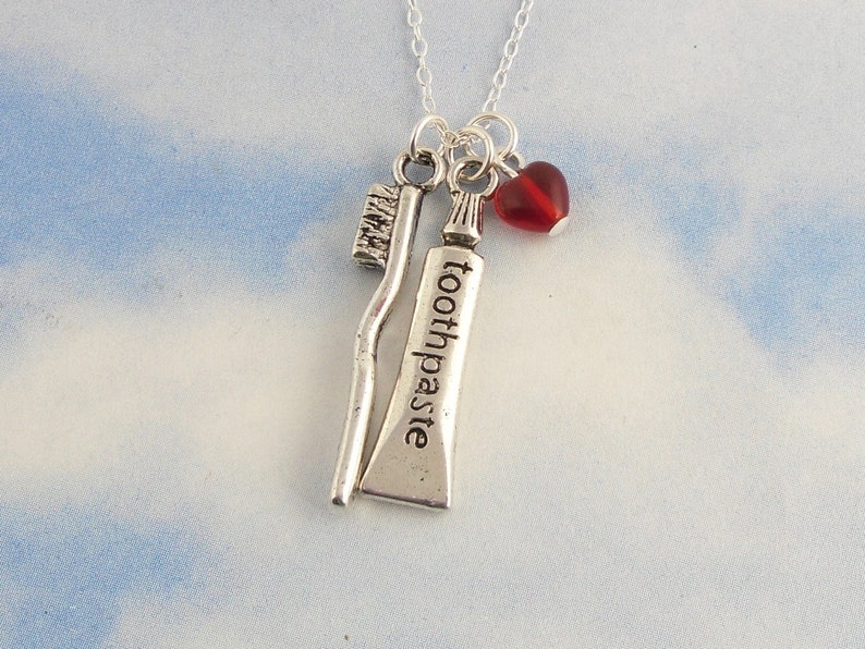 Brush your teeth necklace non tarnish Toothbrush & toothpaste charms, red heart, on a sterling silver chain Free Shipping USA image 1
