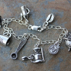 Coffee Lover Charm Bracelet - pewter espresso maker, coffee mug, coffee beans, creamer charms, sterling silver chain - barista gift