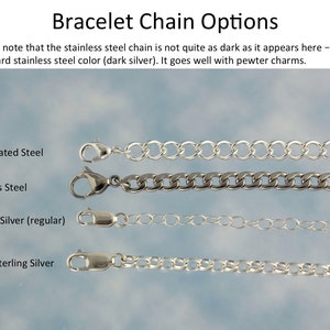 May include: Four different types of bracelet chains: silver plated steel, stainless steel, sterling silver (regular), and heavy sterling silver. Each chain is shown with a clasp.