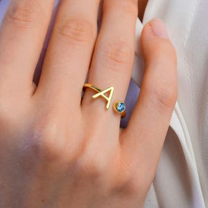 14K Solid Gold Initial Birthstone Ring, Personalized Initial Ring, Family Ring, Christmas Gift, Gifts For Her, Gifts For Mom, Letter Ring