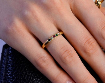 14K Solid Gold Family Birthstone Ring, Minimalist Birthstone Ring, Gift for Her, Birthstone Jewelry, Personalized Jewelry, Christmas Gift
