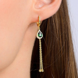 14K Solid Gold Birthstone Threader Earring, Chain Earring with Birthstone, Dangle Birthstone Earring, Custom Teardrop Earring, Gift For Her