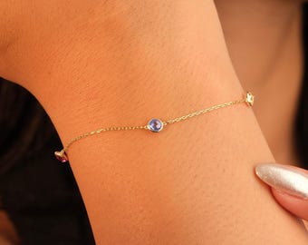 Custom Round Birthstone Bracelet, Bezel Set Station Bracelet, Solid Gold Chain Bracelet