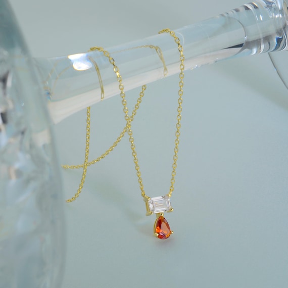 Two Stone Birthstone Necklace, Emerald Cut and Pear Drop Design, Colorful Duo Pendant, Anniversary Keepsake in 10K 14K 18K Gold for Her