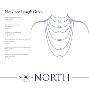 May include: A necklace length guide illustration featuring a diagram of a neck with seven concentric arcs labelled 14 in, 16 in, 17 in, 18 in, 20 in, 22 in, and 24 in. Text lists lengths for collar, choker, princess, matinee, opera, and rope styles.