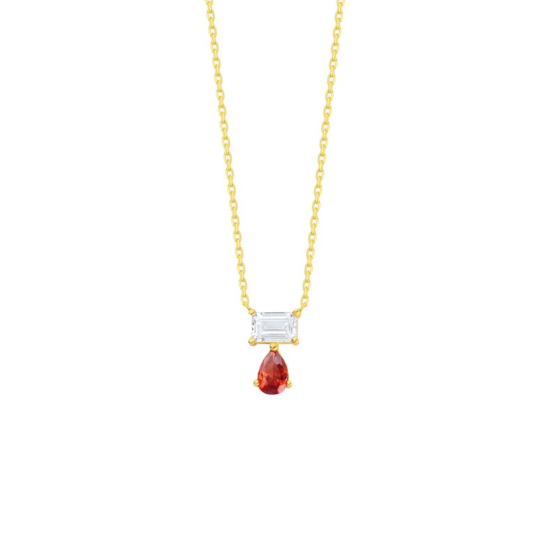 May include: A gold chain necklace featuring a horizontal rectangular clear gemstone pendant with a smaller, dangling pear-shaped orange gemstone suspended directly beneath it, creating a layered and delicate drop design on a thin metal link chain.