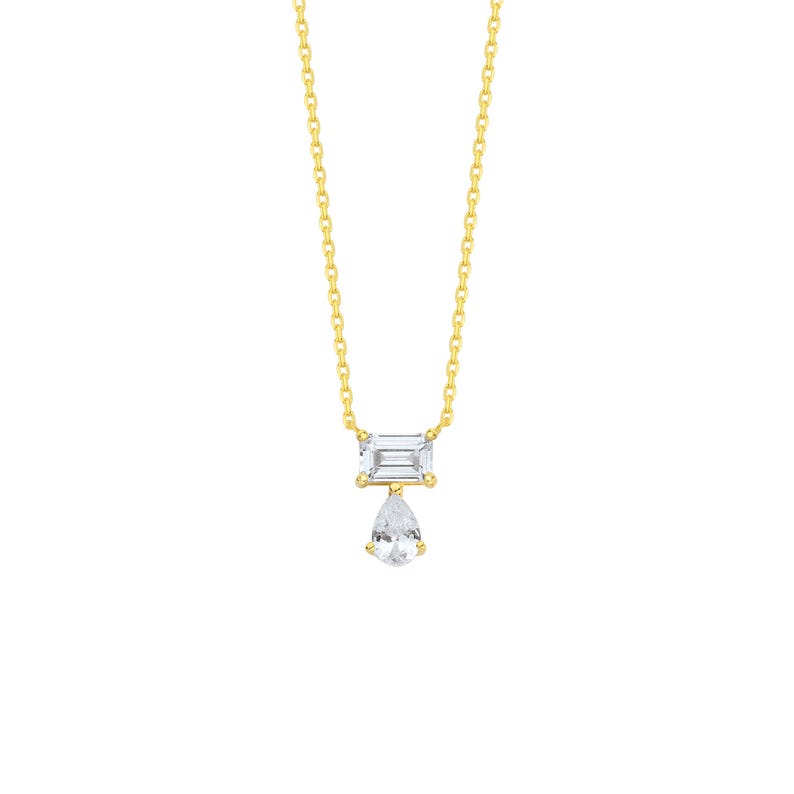 May include: A gold chain necklace featuring a pendant with a horizontal emerald-cut clear gemstone positioned above a dangling pear-shaped clear gemstone. The metal is yellow gold, and the stones are set in a simple, clean, and reflective design.