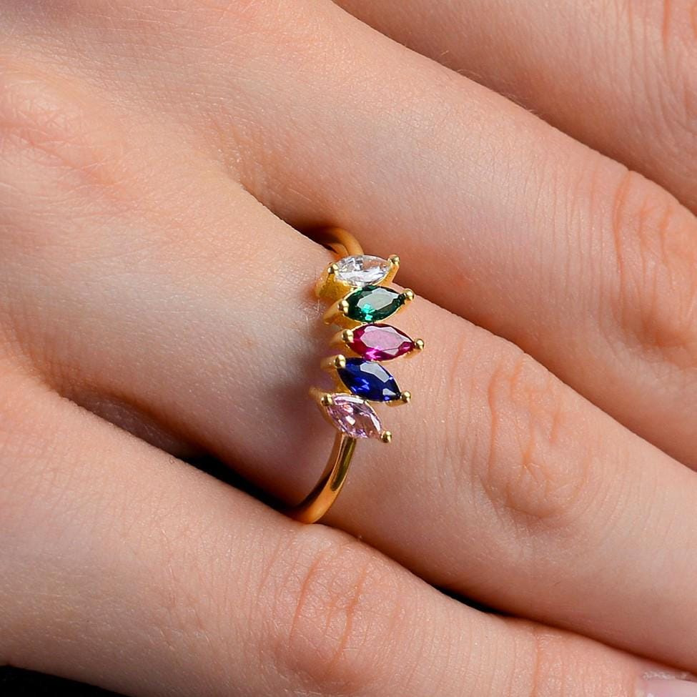 14K Solid Gold Personalized Marquise Birthstone Ring, Custom Family Birth Month Ring