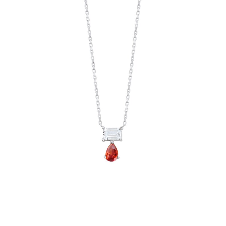 May include: A silver-toned necklace featuring a delicate chain with a pendant consisting of a clear rectangular baguette-cut stone positioned horizontally above a vibrant, teardrop-shaped orange stone set in a simple metal frame.