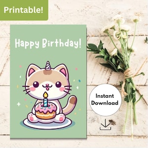 Carte d'anniversaire numérique chat mignon, carte d'anniversaire chat mignon pour amie, maman, carte de joyeux anniversaire pour amoureux des chats, imprimable, téléchargement numérique.