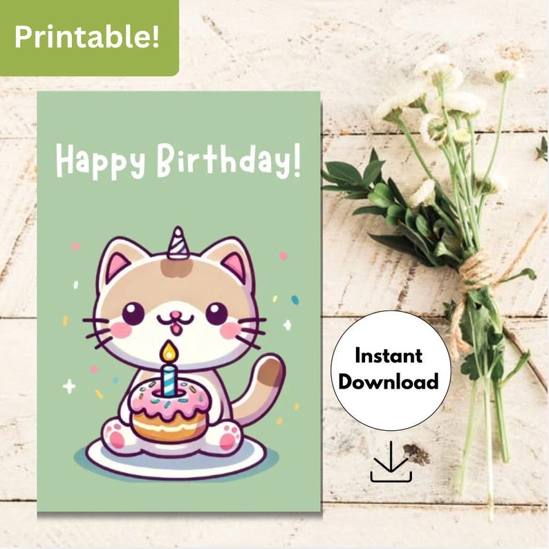 Cute Cat Digital Birthday Card, Cute Cat Birthday Card for Friend, Mom ...