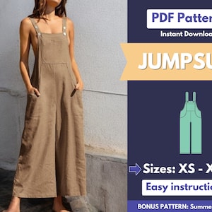 Könnte beinhalten: Ein PDF-Schnittmuster für einen Jumpsuit mit einem braunen Leinen-Jumpsuit an einem Model. Das Schnittmuster umfasst die Größen XS bis XXXL und einfache Anleitungen. Ein Bonus-Schnittmuster für ein Sommerkleid ist ebenfalls enthalten.