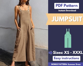 Jumpsuit Sewing Pattern | XS-XXXL | Overalls Pattern | Loose-Fit Dungaree Pants Pattern | Beginner Pattern | Women Sewing Pattern