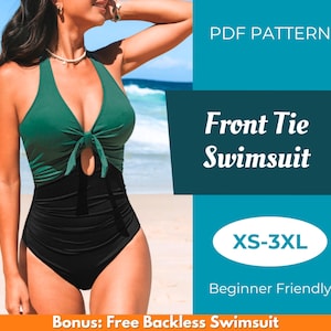 Peut inclure: Un maillot de bain bicolore avec un haut dos nu et un détail de nœud sur le devant. Le haut est vert et le bas est noir. L'image comprend le texte "Front Tie Swimsuit" et "XS-3XL". Le maillot est décrit comme "Beginner Friendly".