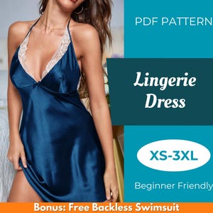 Könnte beinhalten: Nachthemd aus marineblauem Satin mit Neckholder-Ausschnitt und weißer Spitzenborte. Das Kleid hat einen tiefen Ausschnitt und einen Oberschenkelschlitz. Der Text auf dem Bild lautet "PDF Pattern", "Lingerie Dress", "XS-3XL" und "Beginner Friendly".