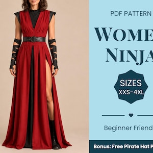 May include: A PDF pattern for a ninja-style outfit featuring a floor-length red dress with a high side slit, a black mock-neck top, a black belt with a circular buckle, and black arm wraps. The text reads PDF PATTERN WOMEN NINJA SIZES XXS-4XL.