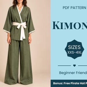 Könnte beinhalten: Ein PDF-Schnittmuster für ein Kimono- und Weithosen-Set in Olivgrün mit weißem Besatz. Der Text lautet: PDF PATTERN, KIMONO, SIZES XXS-4XL, Beginner Friendly, Bonus: Free Pirate Hat Pattern. Das Oberteil ist im Wickelstil mit einem Bindegürtel gestaltet.