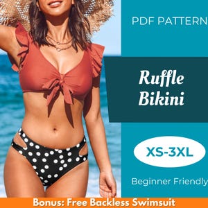 May include: A PDF pattern for a ruffle bikini sewing project. The pattern includes sizes XS-3XL and is beginner friendly. The image shows a woman wearing a red ruffle bikini top and a black and white polka dot bikini bottom. The text "Bonus: Free Backless Swimsuit" is at the bottom of the image.