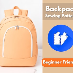 May include: A peach-coloured backpack with a large front pocket, white zippers, and side mesh pockets. The text reads Backpack Sewing Pattern and Beginner Friendly, accompanied by a blue circular icon featuring white dashed sewing pattern outlines.