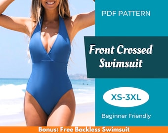 Op de afbeelding: Een PDF-patroon voor een blauwe, vooraan gekruiste badpak. Het patroon is verkrijgbaar in de maten XS-3XL en is geschikt voor beginners. De afbeelding bevat ook de tekst "Bonus: Gratis rugloze badpak".