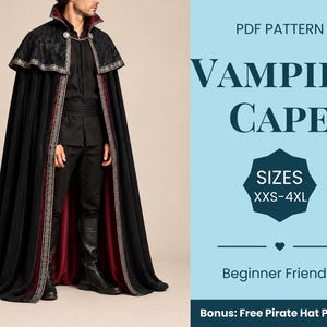 Mönster för vampyrkappa | Sömnadsmönster för mantel | Sömnadsmönster för tunika | Sömnadsmönster för kostymer | Fantasimönster | Nybörjarmönster | XXS-XXXXL