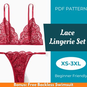 May include: A red lace lingerie set, including a bra and thong, is displayed against a teal background. The bra features scalloped edges and adjustable straps. The text "Lace Lingerie Set" and "XS-3XL" are also visible. The image also includes the text "PDF Pattern" and "Beginner Friendly".