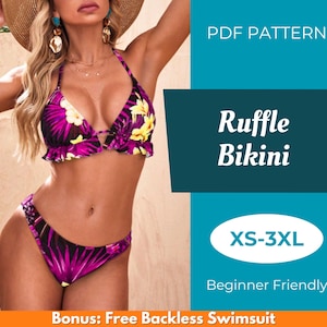 Può includere: Modello PDF per un bikini con volant in taglie XS-3XL. Il bikini è viola e nero con stampa floreale. Il modello è adatto ai principianti. Bonus: Modello gratuito per un costume da bagno senza schienale.