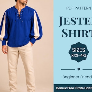 May include: A blue long-sleeve shirt with cream-colored sleeve panels and a lace-up neckline. The text reads: PDF PATTERN JESTER SHIRT SIZES XXS-4XL Beginner Friendly Bonus: Free Pirate Hat Pattern. The shirt is paired with beige trousers.