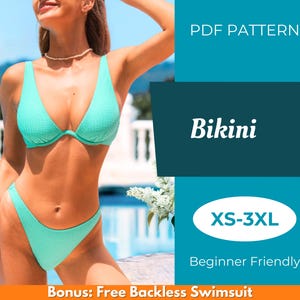 Könnte beinhalten: Ein türkisfarbener Bikini mit strukturiertem Stoff. Das Bild enthält den Text "PDF PATTERN", "Bikini", "XS-3XL" und "Beginner Friendly".
