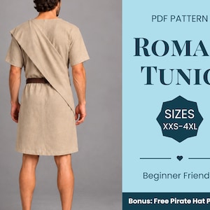 May include: A beige short-sleeved tunic with a draped shoulder panel and a brown belt. The text reads: PDF PATTERN ROMAN TUNIC SIZES XXS-4XL Beginner Friendly Bonus: Free Pirate Hat Pattern. The garment is shown from the back on a plain background.