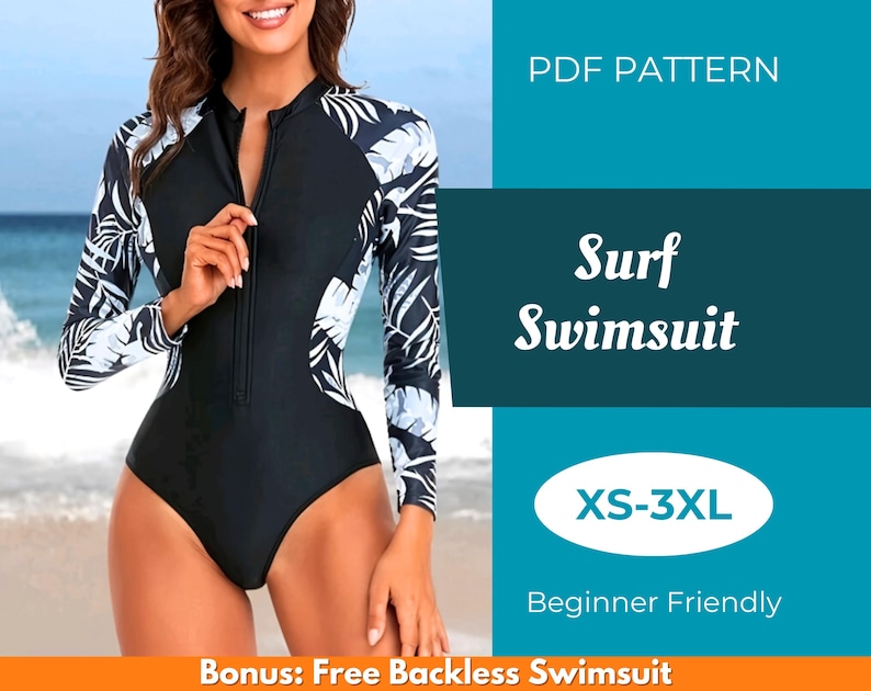 Surf Badeanzug Schnittmuster | XS-XXXL | Sport mit langen Ärmeln Badeanzug | Schnittmuster | Einfaches Muster | Schnittmuster | PDF-Schnittmuster Bild 1