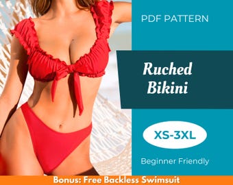 May include: A red ruched bikini set with a tie front top and high-waisted bottoms. The image includes text that reads "PDF Pattern", "Ruched Bikini", "XS-3XL", and "Beginner Friendly".