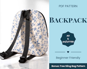May include: A quilted backpack with a blue floral pattern on a cream background, featuring black adjustable straps. The text reads: PDF PATTERN BACKPACK, A0 & A4/LETTER, Beginner Friendly, Bonus: Free Sling Bag Pattern.