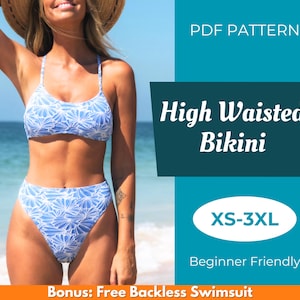 May include: PDF pattern for a high-waisted bikini with a blue and white floral print. The pattern is available in sizes XS-3XL and is beginner friendly. It also includes a free backless swimsuit pattern.