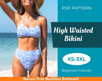 May include: PDF pattern for a high-waisted bikini with a blue and white floral print. The pattern is available in sizes XS-3XL and is beginner friendly. It also includes a free backless swimsuit pattern.