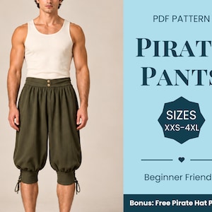 Puede incluir: Un patrón en PDF para pantalones de pirata de color verde oliva con cintura alta, dos botones frontales y puños con cordones. El texto dice: PDF PATTERN PIRATE PANTS SIZES XXS-4XL Beginner Friendly Bonus: Free Pirate Hat Pattern.