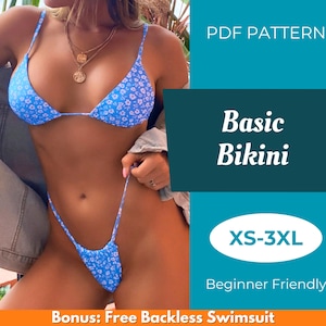 Può includere: Un modello PDF per un bikini basic con stampa floreale blu. Il modello è disponibile nelle taglie XS-3XL ed è adatto ai principianti. L'immagine mostra una modella che indossa il bikini. Il testo "Bonus: Free Backless Swimsuit" è incluso anche nell'immagine.
