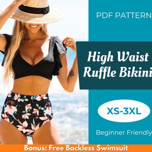 Peut inclure: Patron PDF pour un bikini à volants taille haute avec un imprimé floral. Le patron comprend les tailles XS-3XL et est adapté aux débutants. Bonus : Patron de maillot de bain dos nu gratuit.