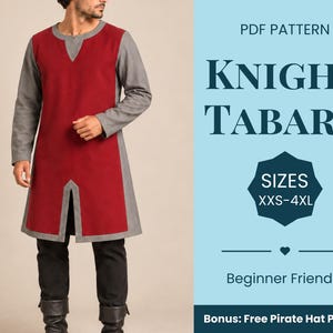 Op de afbeelding: Een PDF-patroon voor een riddertabberd met een rode en grijze tuniek met lange mouwen en een split aan de voorzijde. De tekst luidt: PDF PATTERN KNIGHT TABARD SIZES XXS-4XL Beginner Friendly Bonus: Free Pirate Hat Pattern.