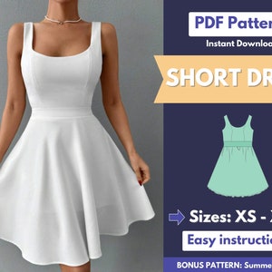 Puede incluir: Un vestido corto blanco con escote cuadrado y falda acampanada. El vestido se muestra en una modelo. La imagen también incluye texto que dice "PDF Pattern Instant Download SHORT DRESS Sizes: XS - XL Easy instructions BONUS PATTERN: Summer Dress".