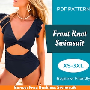 以下が含まれることがあります： フロントノットデザインのネイビーブルーの水着。画像には「PDF PATTERN」、「Front Knot Swimsuit」、「XS-3XL」、「Beginner Friendly」というテキストが含まれています。画像には「Bonus: Free Backless Swimsuit」とも書かれています。