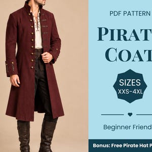 May include: A long, deep red coat with a high collar, long sleeves, and a front button closure. The text on the right reads: PDF PATTERN PIRATE COAT SIZES XXS-4XL Beginner Friendly Bonus: Free Pirate Hat Pattern.